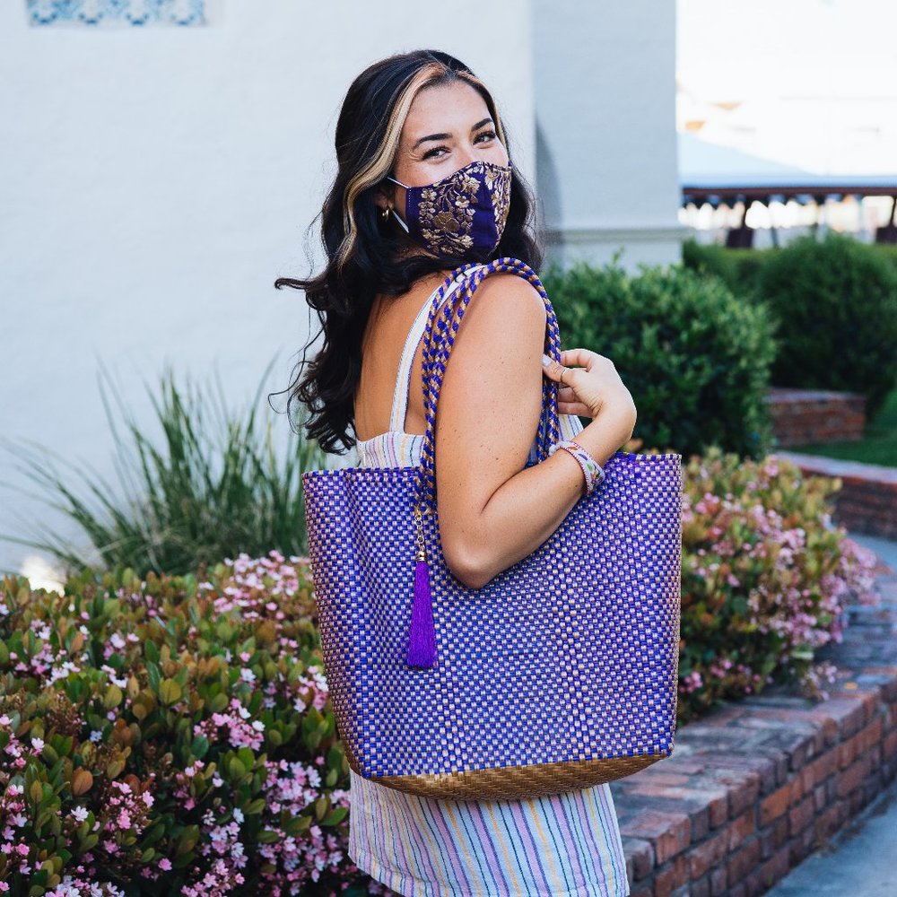 Oaxacan tote (purple), embroidered mask, tassel
